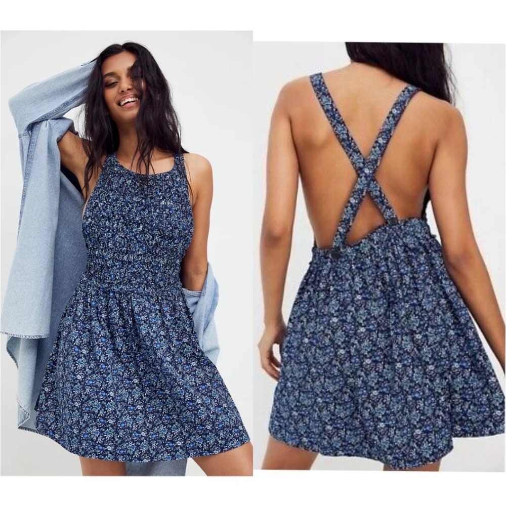 J3 Free People Intimately Smocked Floral Dress Blue Open Back Crisscross Strap